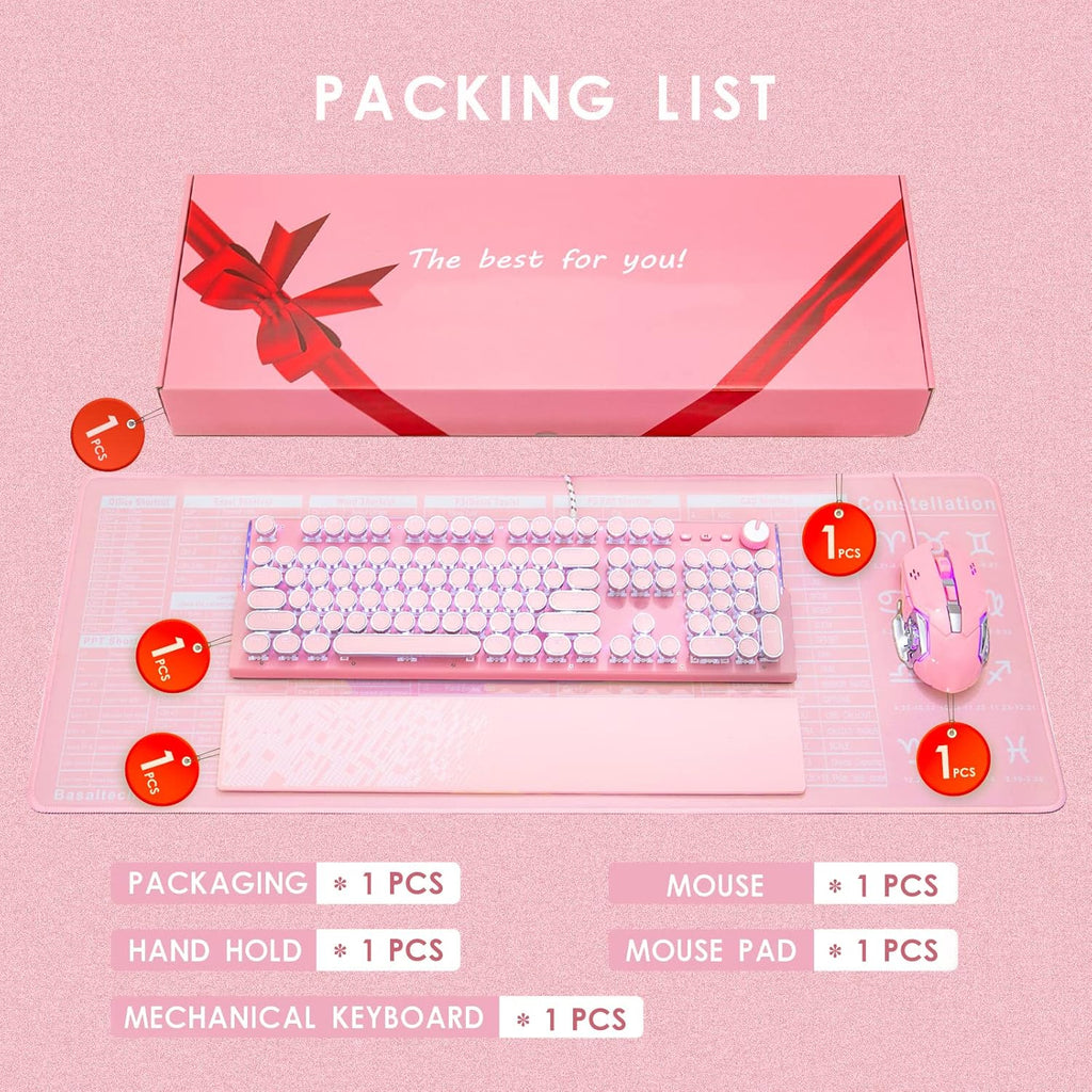 Pink 104 Keys White LED Backlit Mechanical Gaming Keyboard with Mouse Combo U551210