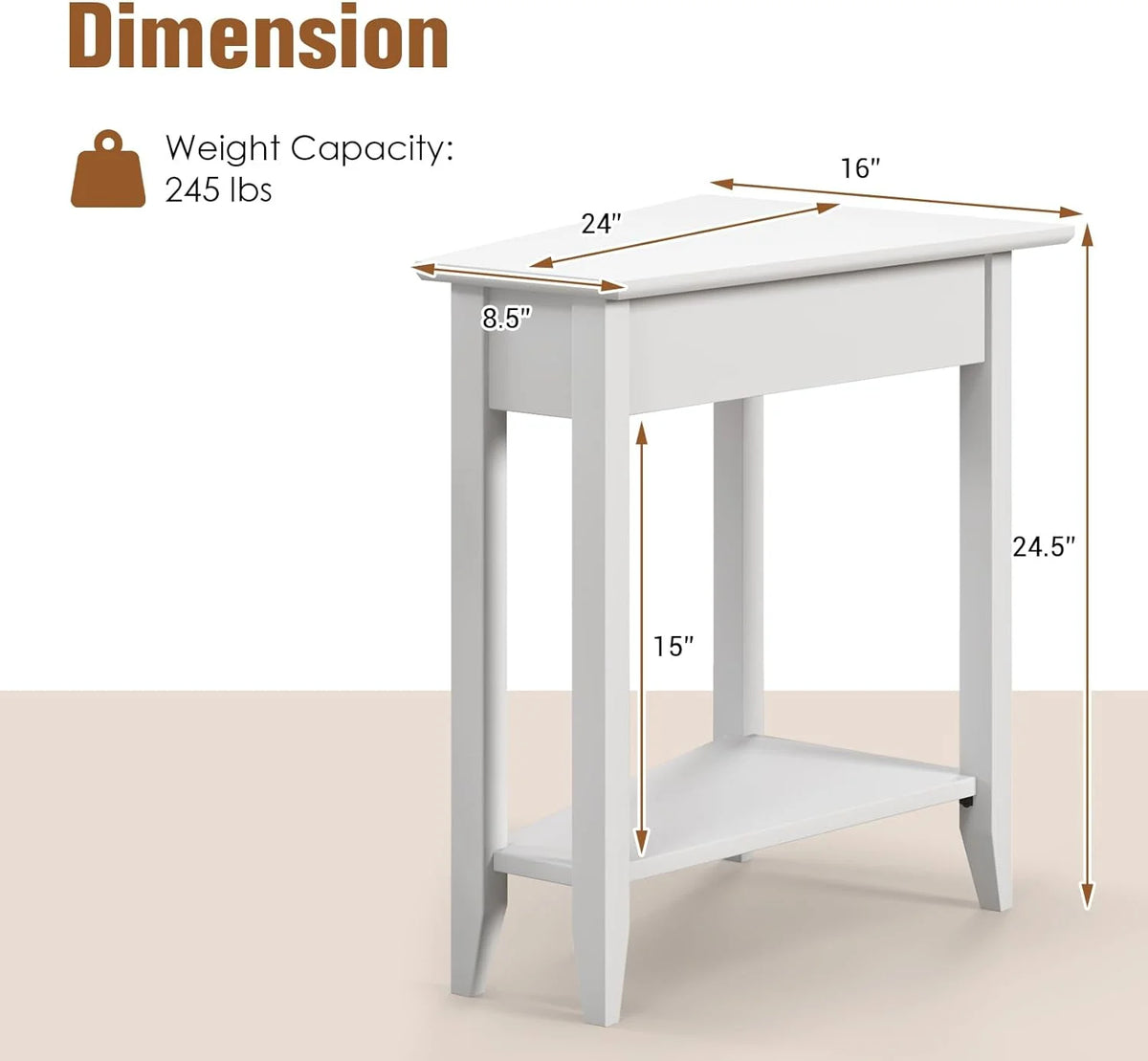 White Triangle Side Table with Storage Shelf and Solid Wood Legs Q8608