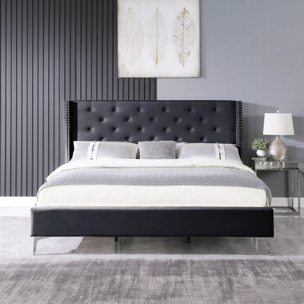 Wood Platform Bed Frame with Upholstered Headboard King Black Q11557