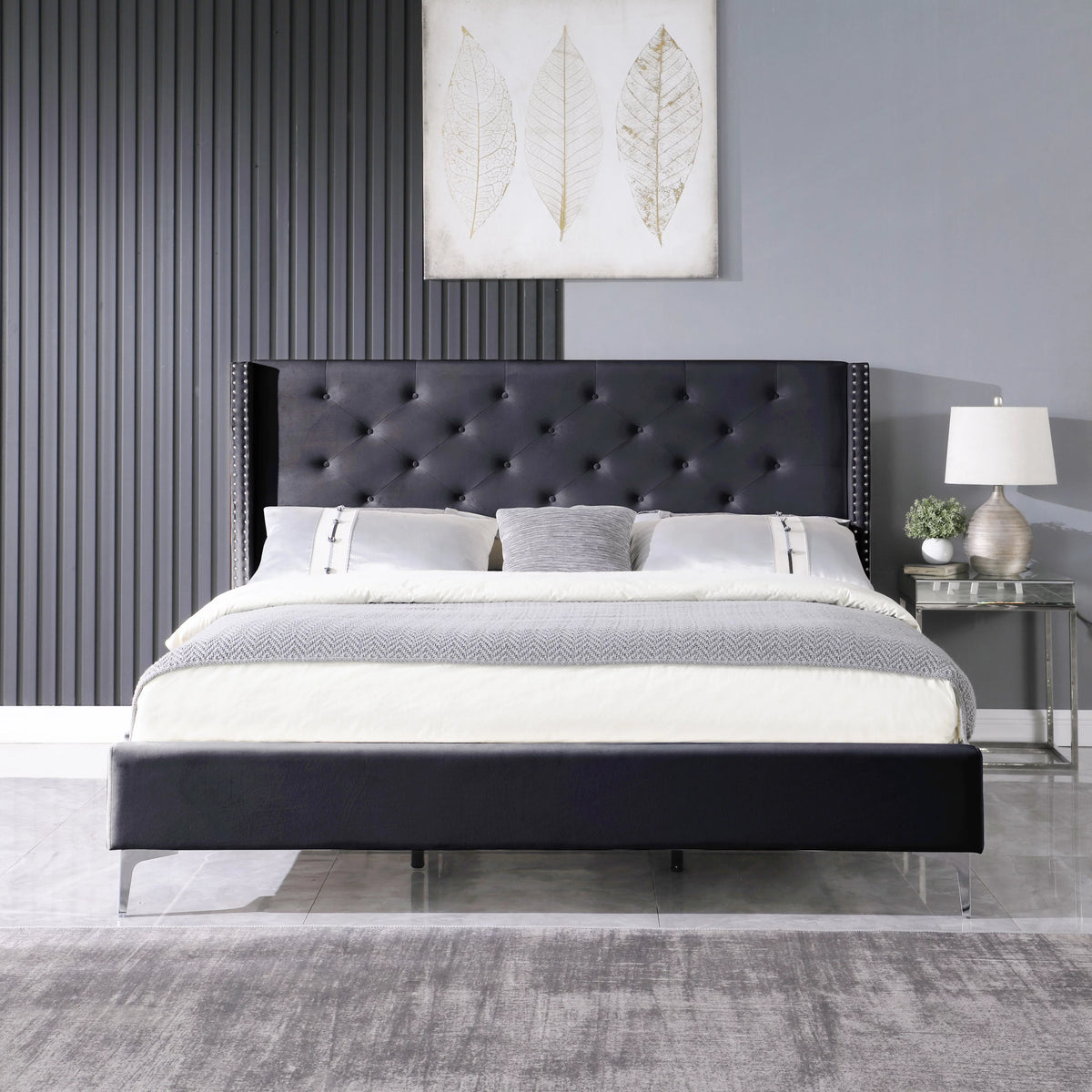 Wood Platform Bed Frame with Upholstered Headboard King Black Q11557