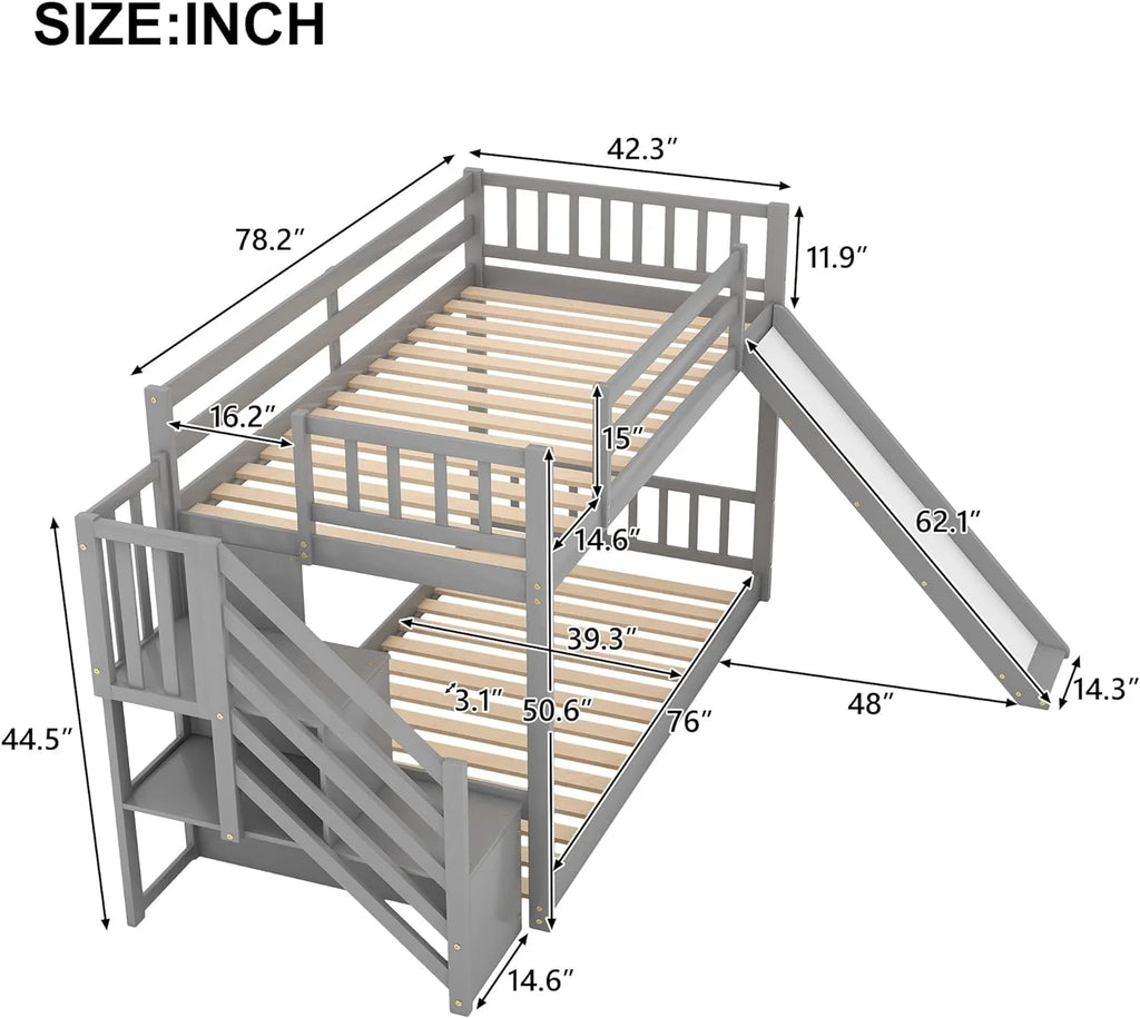 Grey Wood Bunk Bed with Stairs and Slide X225479