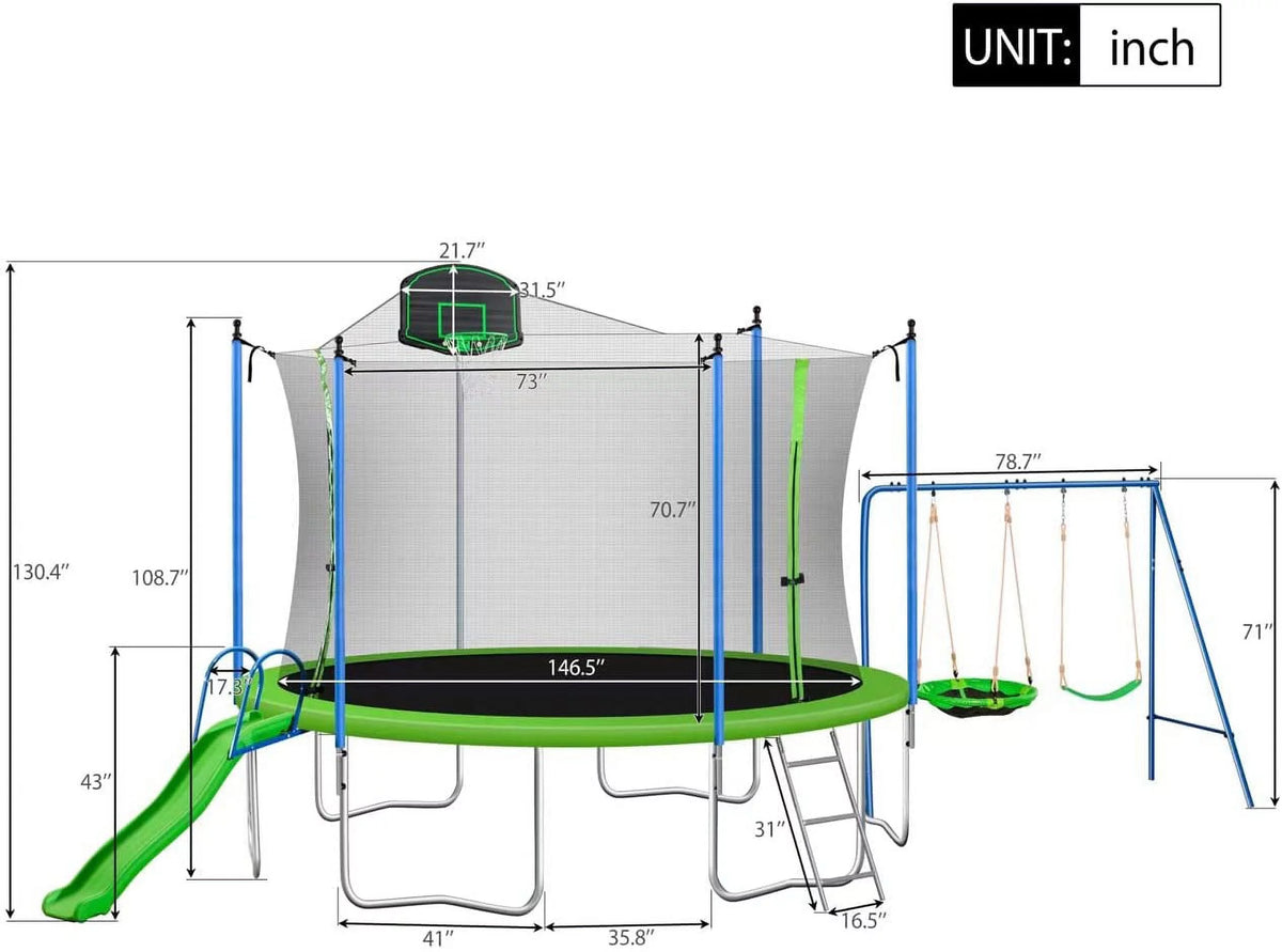 12FT Round Trampoline with Slide and Basketball Hoop U487618