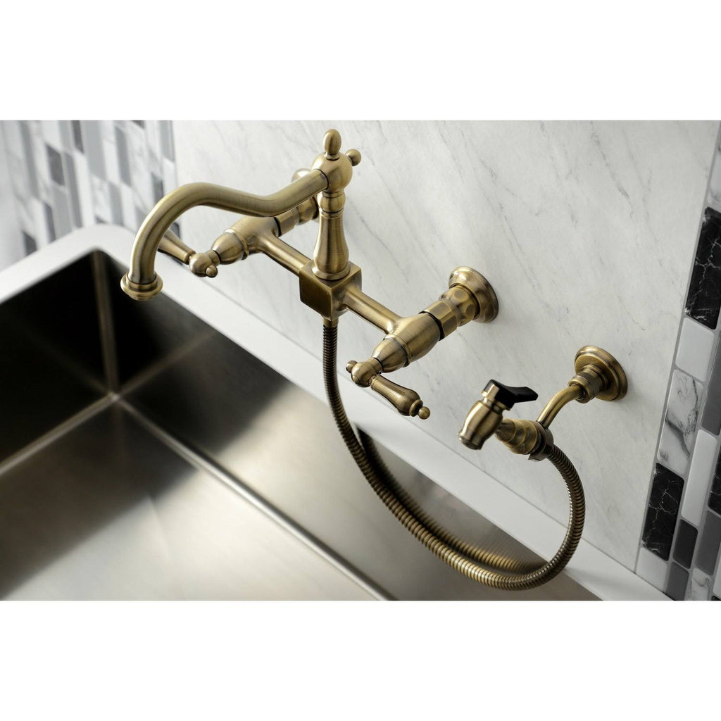 Polished Chrome Two-Handle Wall Mount Kitchen Faucet with Sprayer A526052