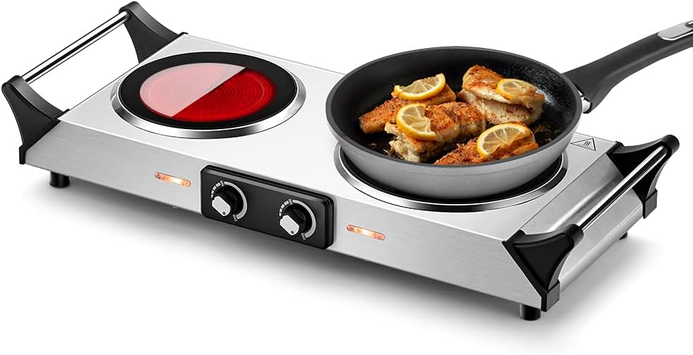 Silver Electric Double Burner Hot Plate with Handles U32190