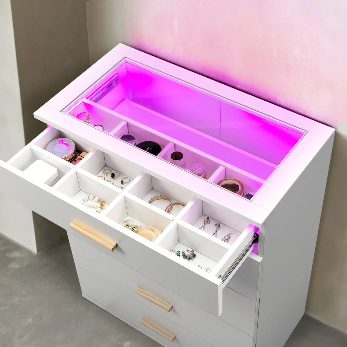 White 5 Drawer Dresser with Tempered Glass Top W83098