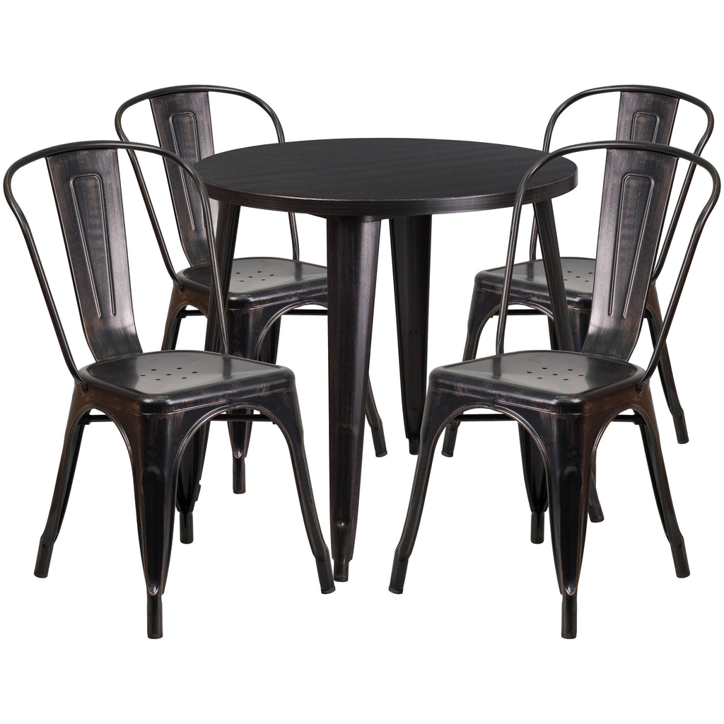 Round Black-Antique Gold Metal Table Set with 4 Cafe Chairs J896