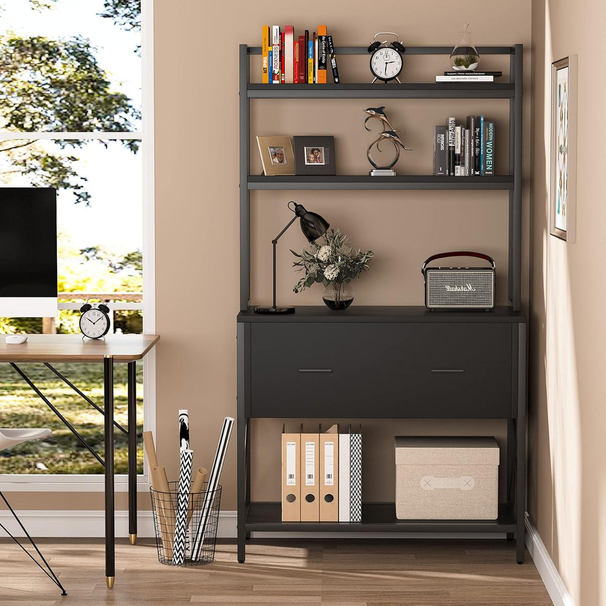 Black Tall Bookcase with File Cabinet T48950
