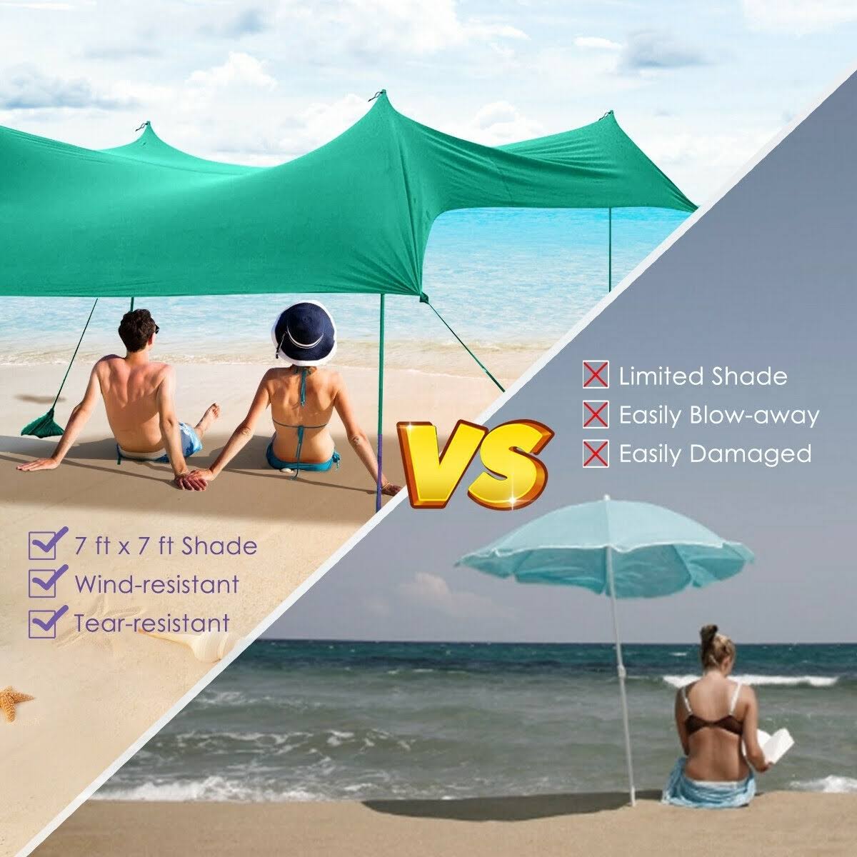 7 x 7 Family Beach Tent Canopy Sunshade with 4 Poles Green K880638