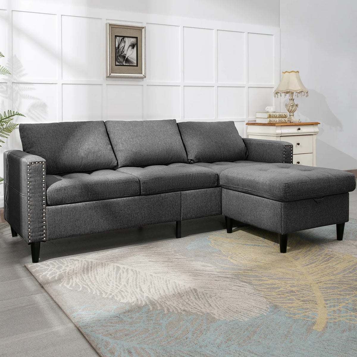 Dark Grey L Shaped Sectional Sofa with Storage Ottoman D83917