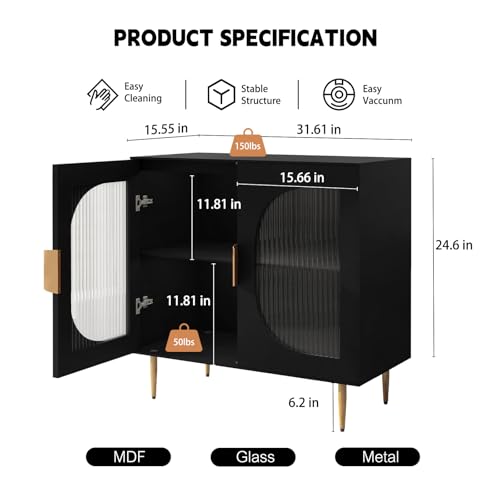Black Wood Sideboard Cabinet with 4 Glass Doors I2494