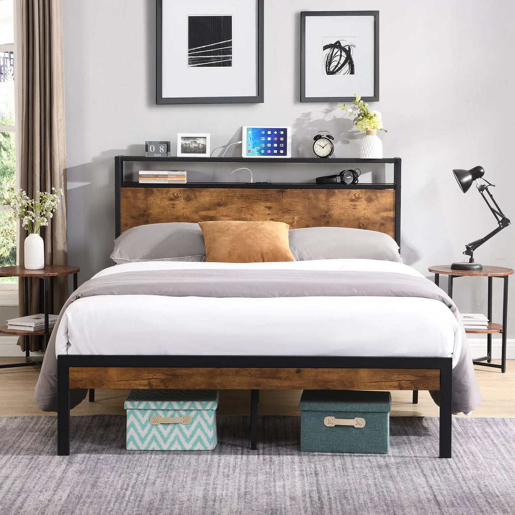 King Size Metal Platform Bed Frame with Wooden Headboard and Footboard D138