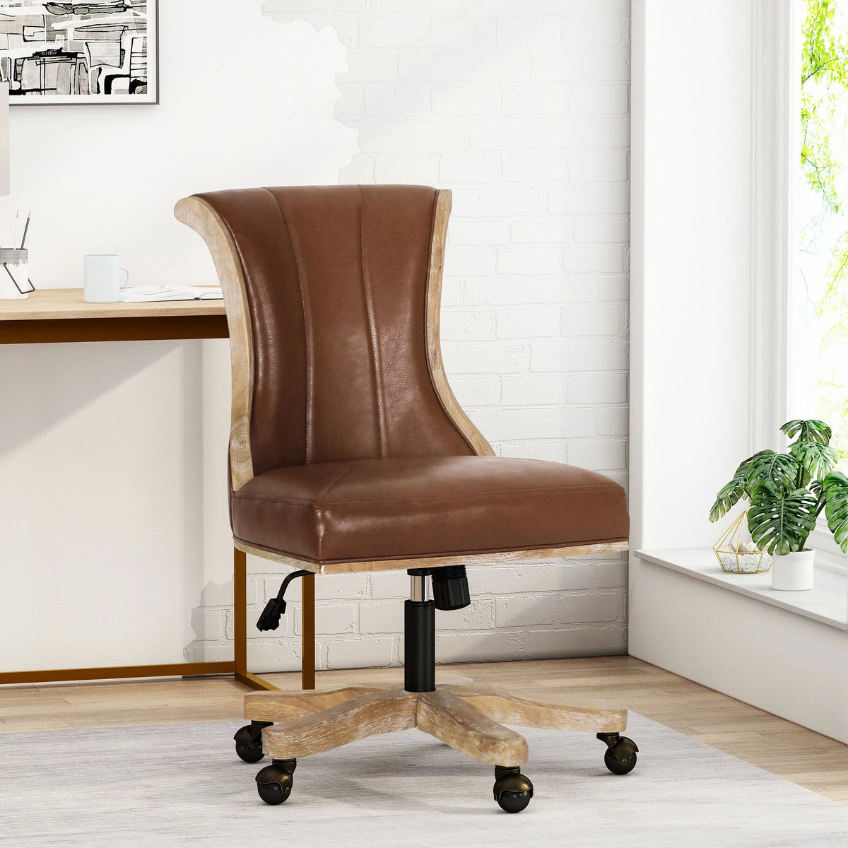 Cognac Brown Upholstered Swivel Office Chair C422