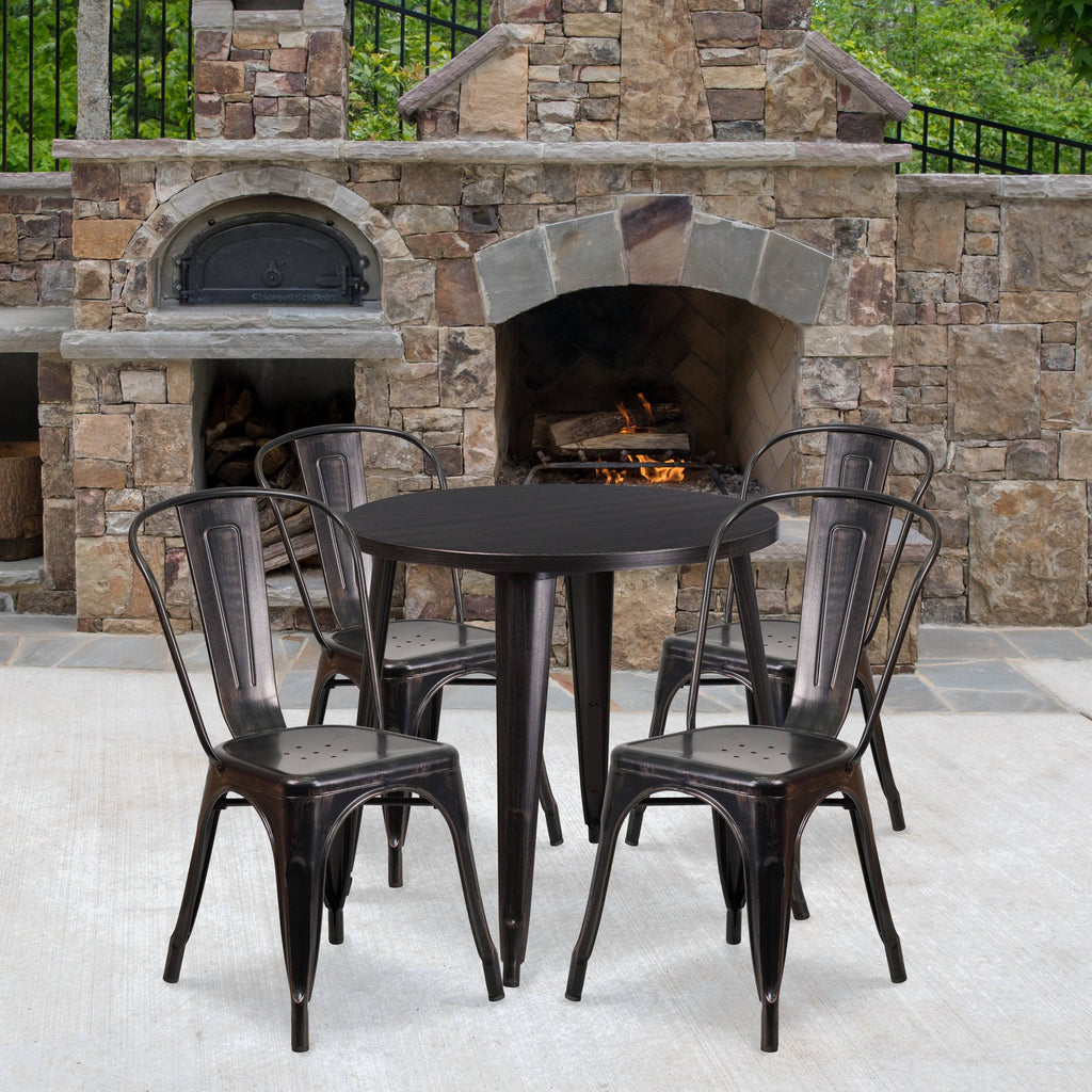 Round Black-Antique Gold Metal Table Set with 4 Cafe Chairs J896