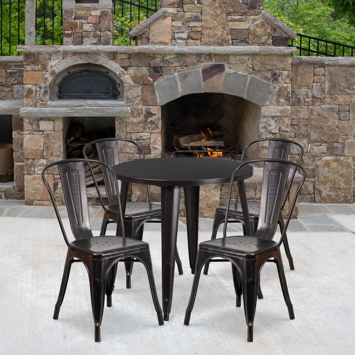 Round Black-Antique Gold Metal Table Set with 4 Cafe Chairs J896