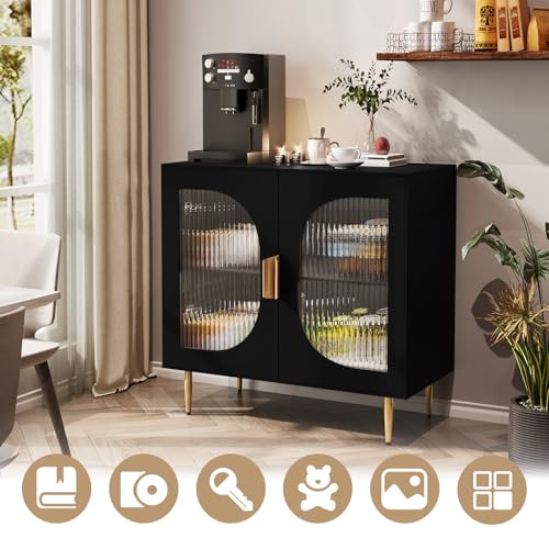 Black Wood Sideboard Cabinet with 4 Glass Doors I2494