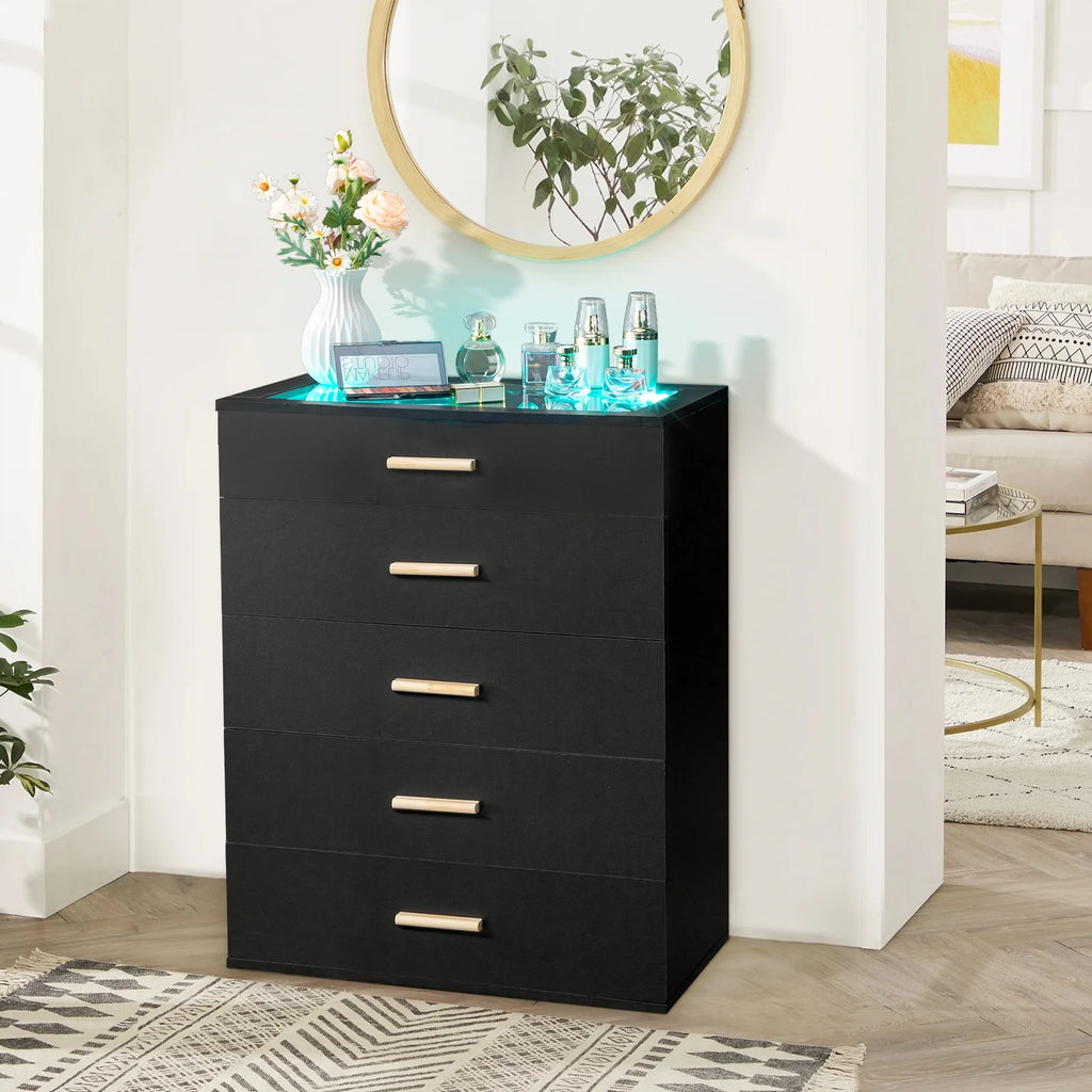 White 5 Drawer Dresser with Tempered Glass Top W83098