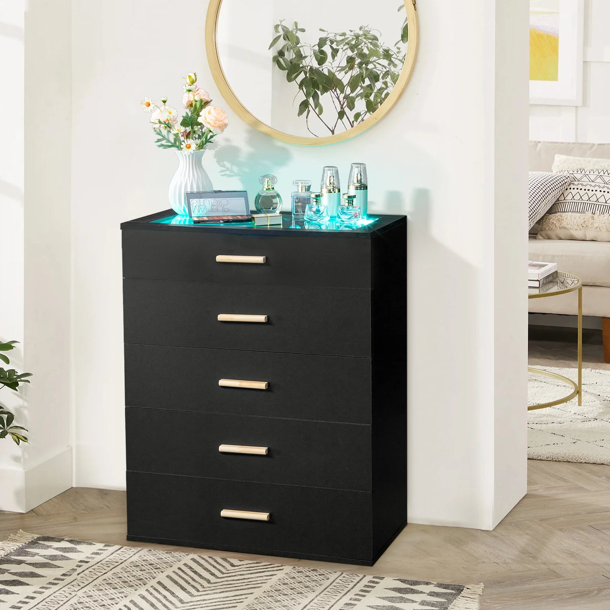 White 5 Drawer Dresser with Tempered Glass Top W83098
