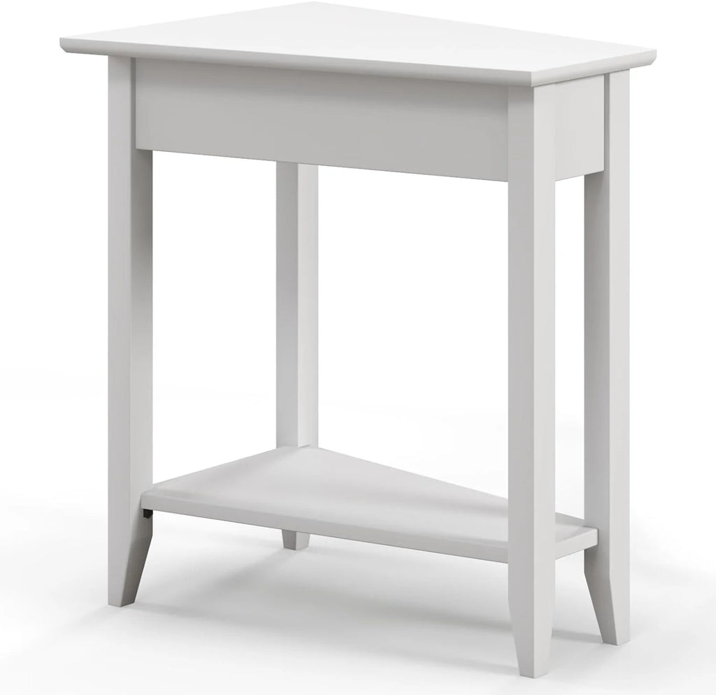 White Triangle Side Table with Storage Shelf and Solid Wood Legs Q8608