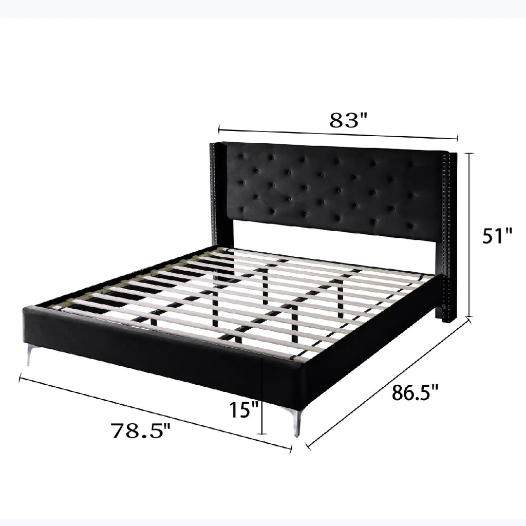 Wood Platform Bed Frame with Upholstered Headboard King Black Q11557