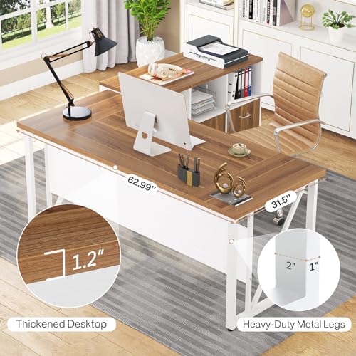 Brown and Black L-Shaped Executive Desk with File Cabinet and Drawers K694262