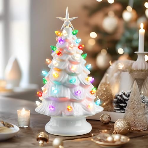 13 Inch Ceramic Christmas Tree with Multicolored LED Lights, Green A2946