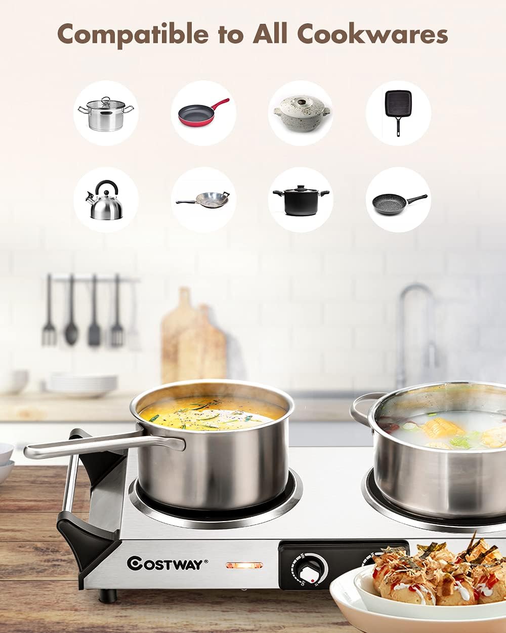 Silver Electric Double Burner Hot Plate with Handles U32190