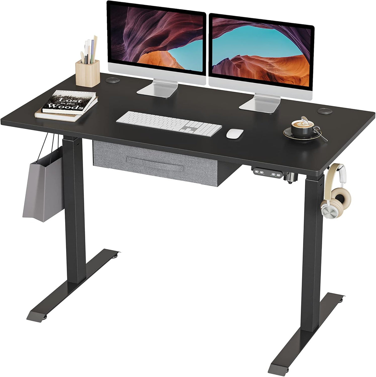White Frame 55x24 Inches Electric Standing Desk with Drawers T4271