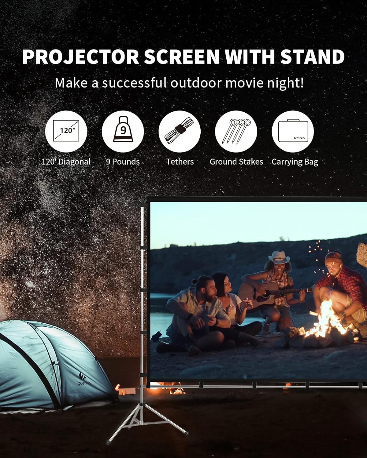 Outdoor Projector Screen with Stand, 120 Inch (16:9), Portable with Full-Set Bag O380