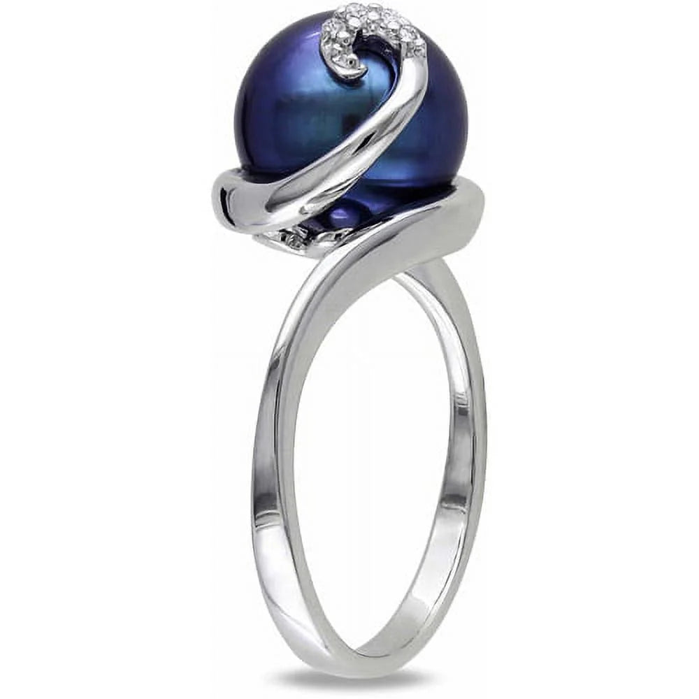 Black Cultured Freshwater Pearl and Diamond-Accent Sterling Silver Swirl Ring L16085