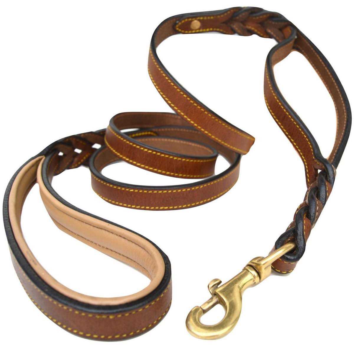 6 Foot Braided Leather Dog Leash with Traffic Handle E7309