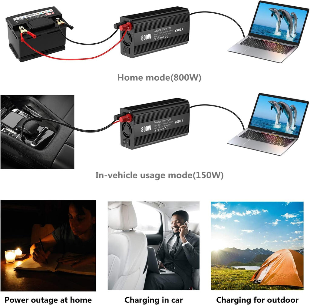 800W Power Inverter DC 12V to 110V AC Converter Car Plug Adapter Outlet Charger I48301