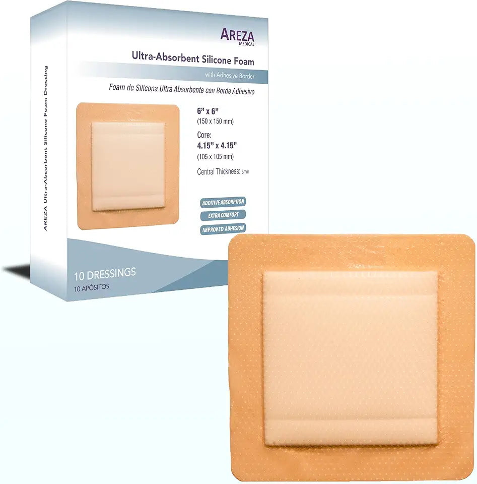 Silicone Foam Wound Dressing with Silicone Adhesive Border, Sterile, 6" x 6", 10 PCS V593142