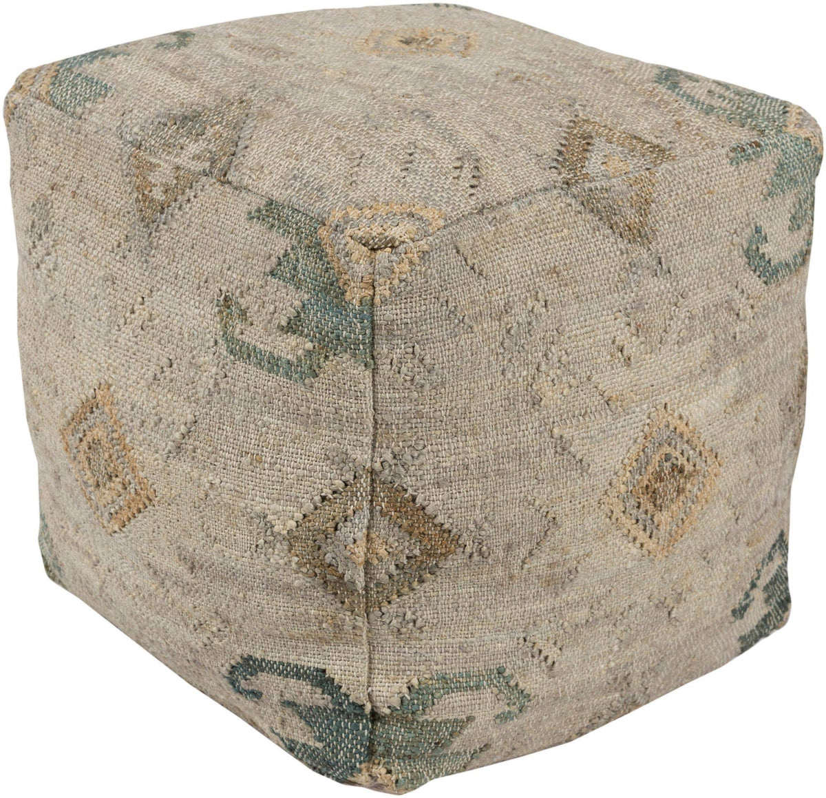 Teal Green and Brown Geometric Patterned Square Pouf Ottoman R97456