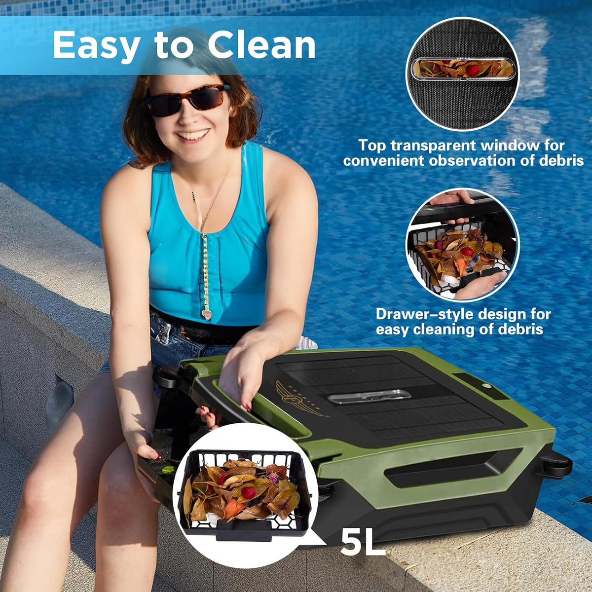 Cordless Robotic Pool Cleaner, Solar Powered Pool Skimmer with Dual Charging Options, Pool Robot Vacuum with Automatic Obstacle Avoidance, Green P17202