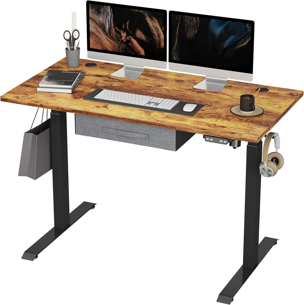 White Frame 55x24 Inches Electric Standing Desk with Drawers T4271