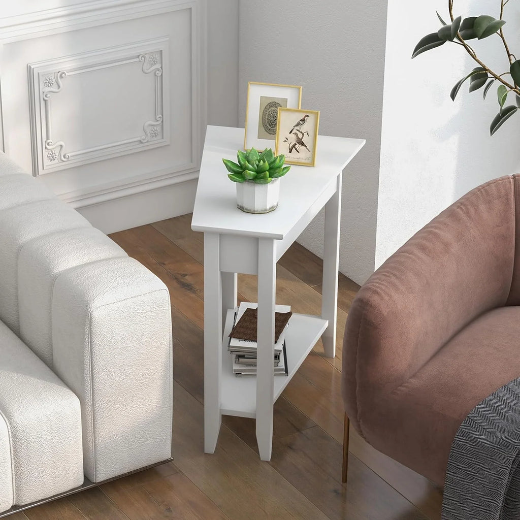 White Triangle Side Table with Storage Shelf and Solid Wood Legs Q8608