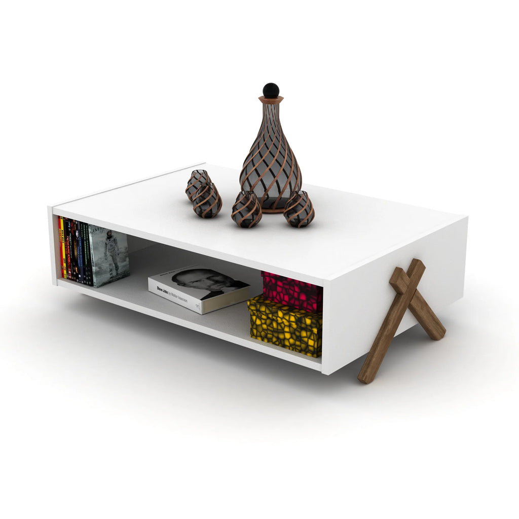Cross Legs Wooden Rectangular Coffee Table with Interior Shelving Q138769
