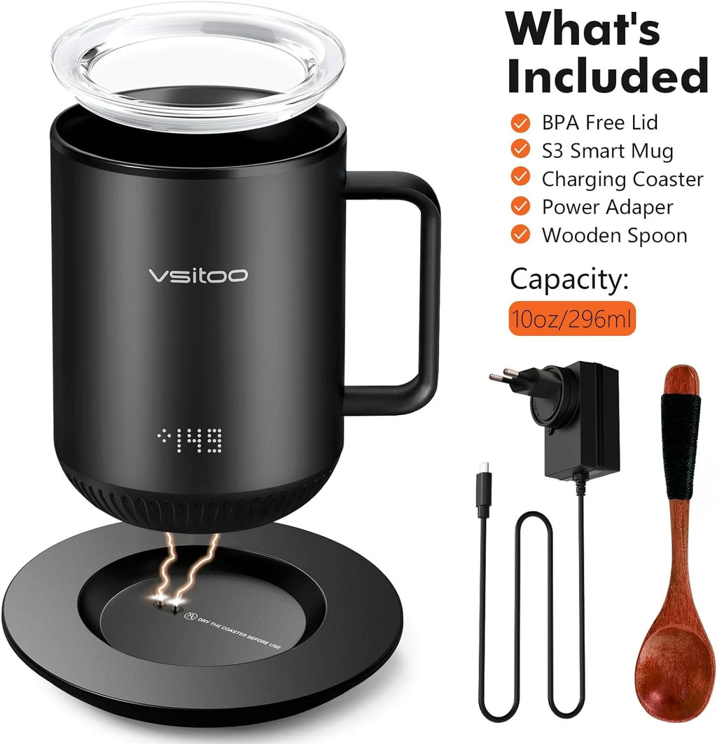 Black Self Heating Coffee Mug 10 oz with Lid U58452