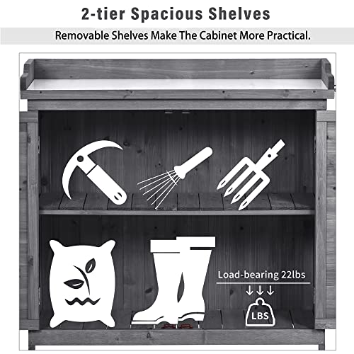 39" Outdoor Wooden Potting Bench Table with 2 Shelves and Storage Cabinet (Black) I54497