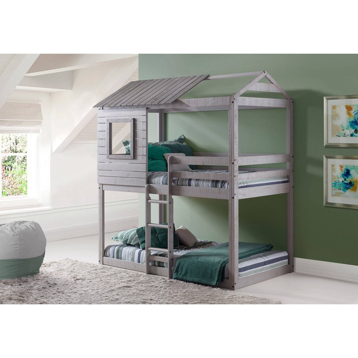 Twin Over Twin Size Bunk Loft Bed with Tent A279950