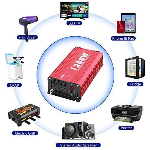 1200W Pure Sine Wave Power Inverter DC 12V to AC 120V with Remote Control USB Port LED Display N10625