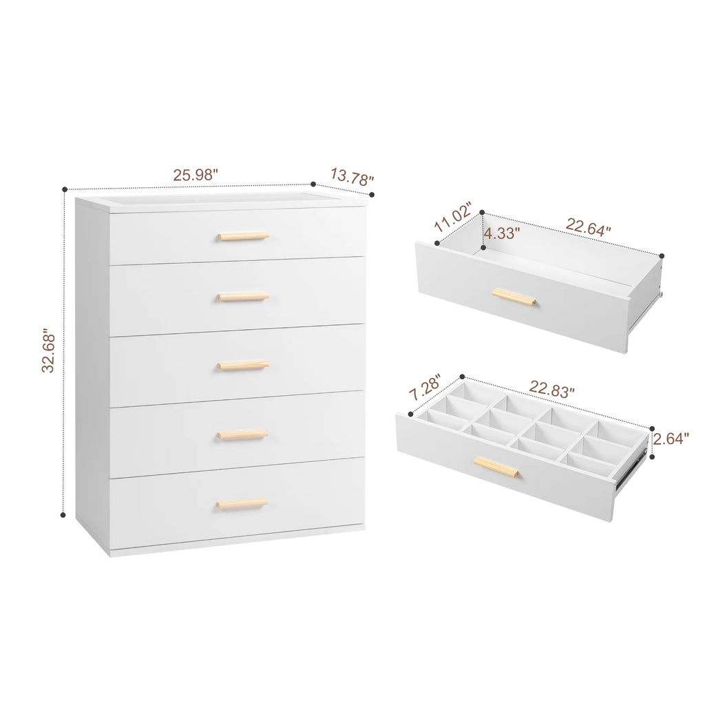 White 5 Drawer Dresser with Tempered Glass Top W83098