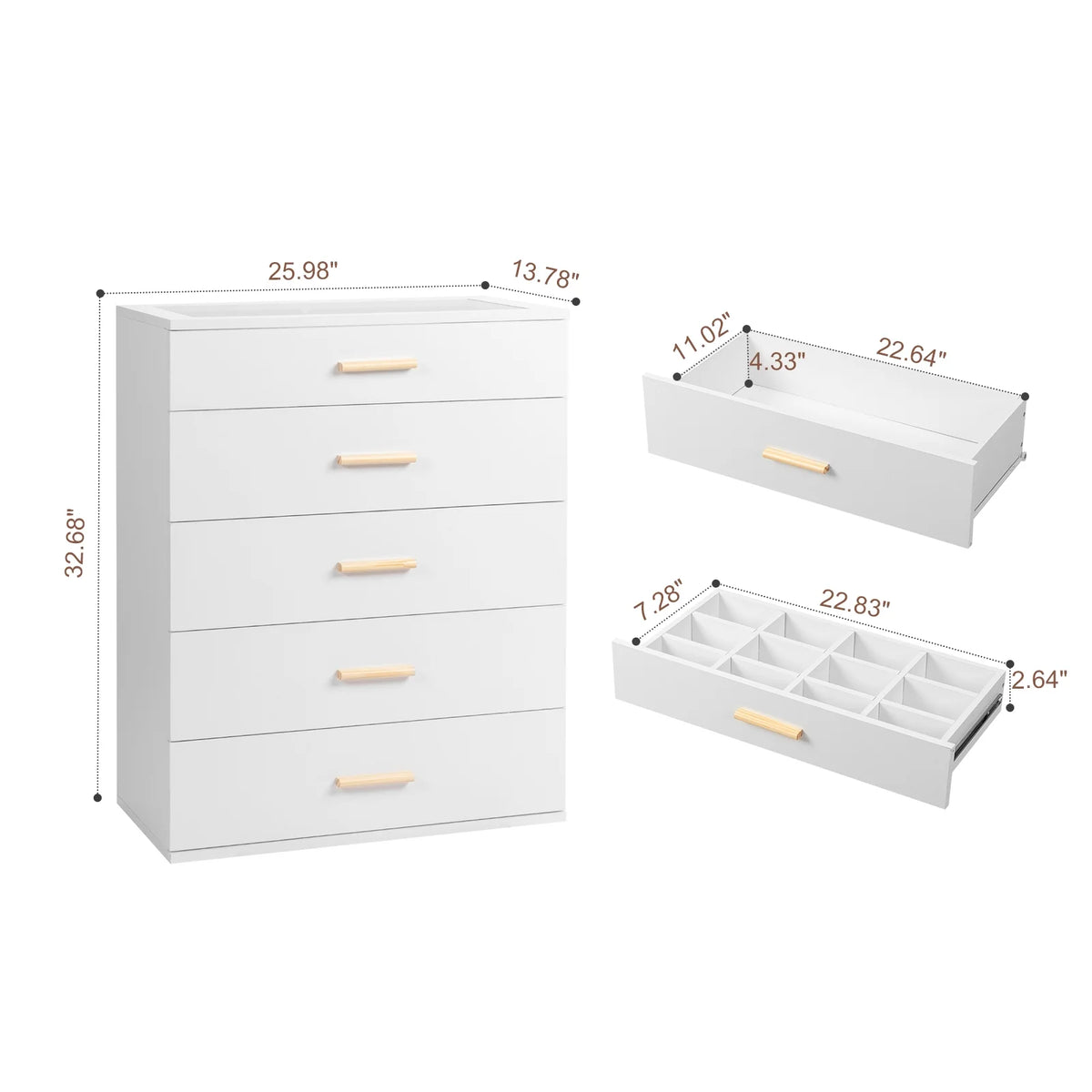 White 5 Drawer Dresser with Tempered Glass Top W83098