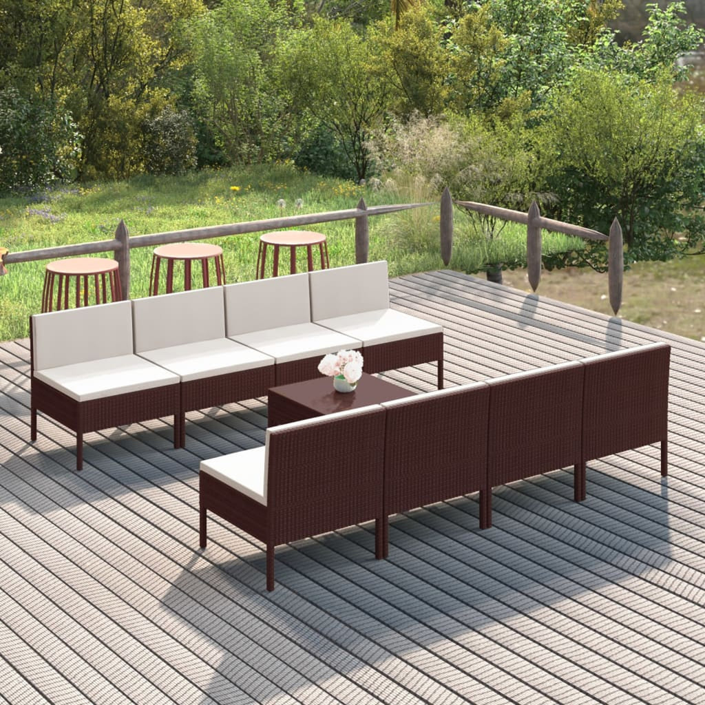 9 Piece Garden Conversation Set with Cushion and Footrest Brown Poly Rattan Sectional Outdoor Furniture Set D52800