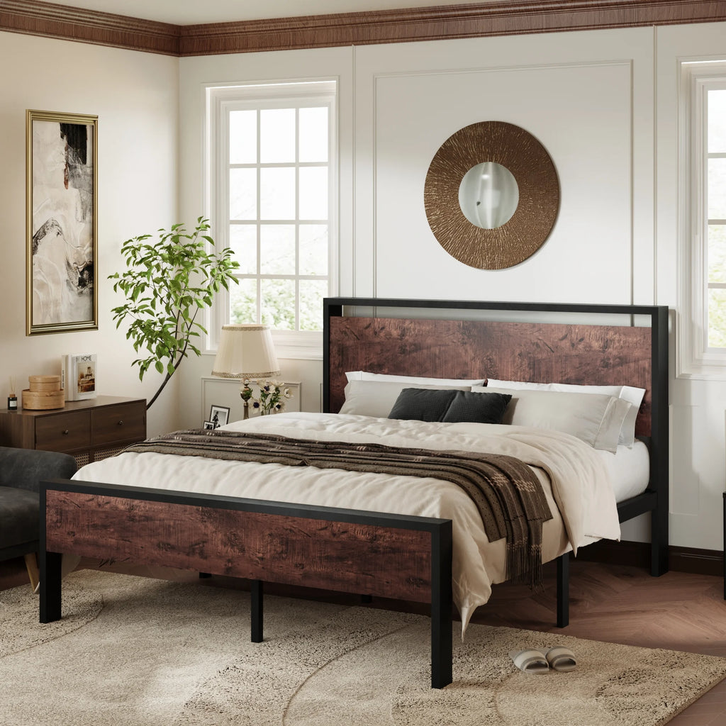 Queen Size Metal Platform Bed Frame with Wood Headboard B376449