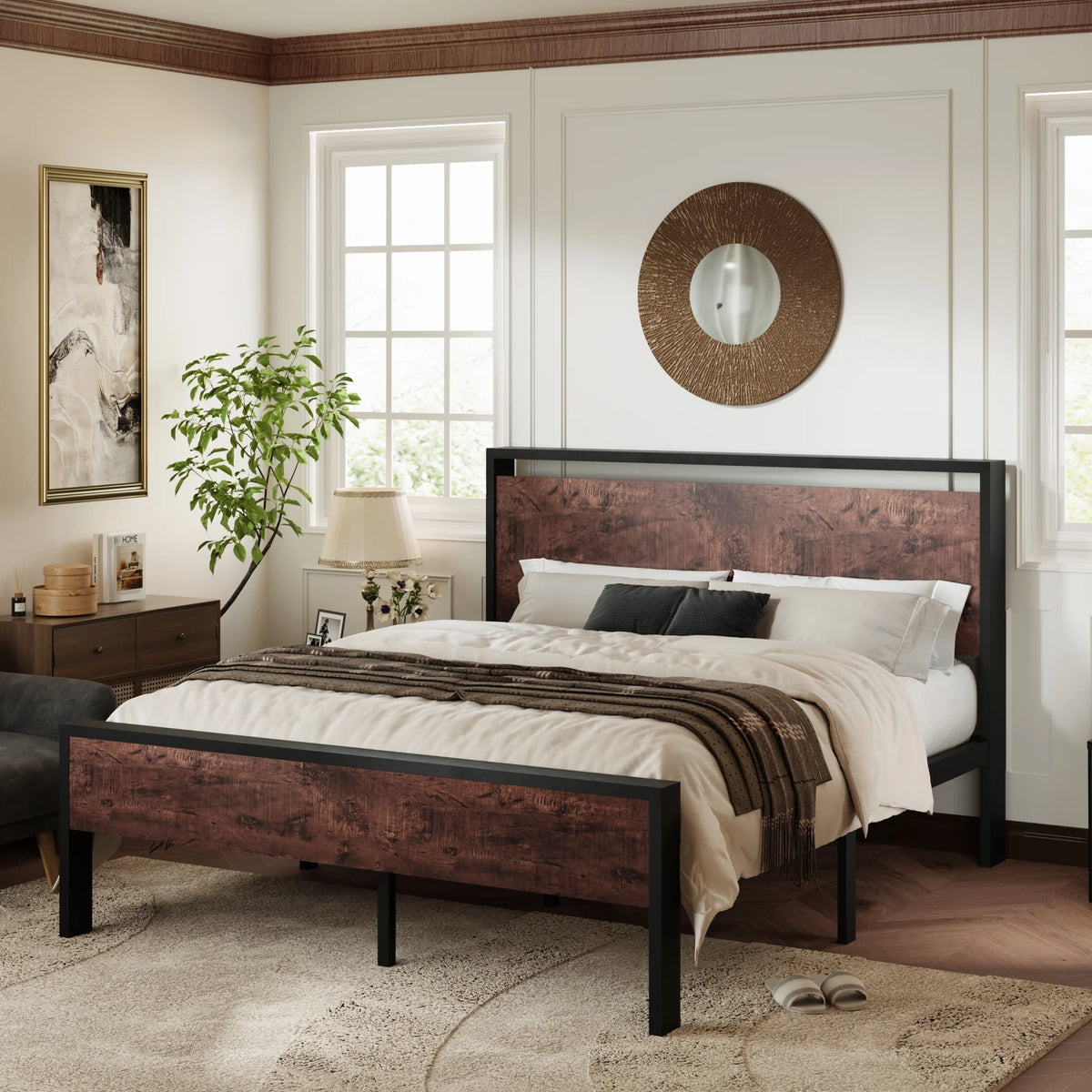 Queen Size Metal Platform Bed Frame with Wood Headboard B376449