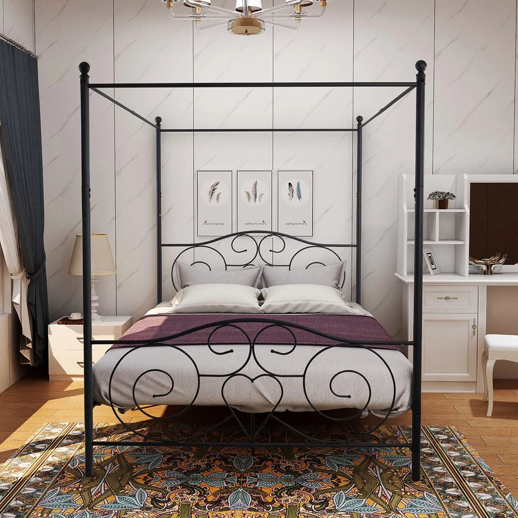 Queen Black Metal Canopy Bed Frame with Headboard & Footboard M51286