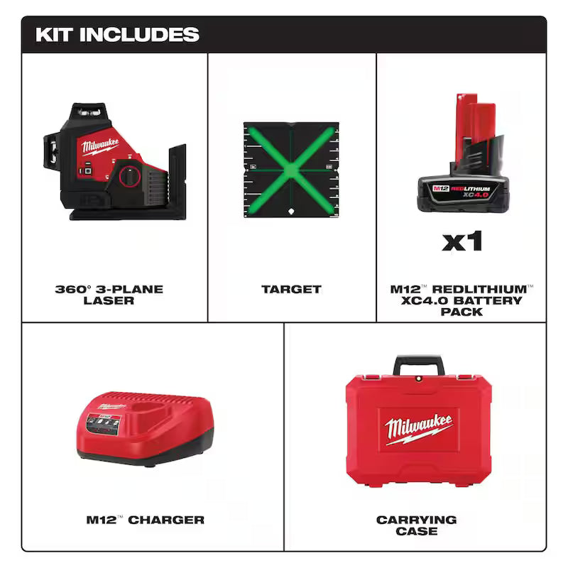 12-Volt Cordless Green 3-Plane Laser Level Kit with Laser Detector B34369
