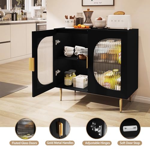 Black Wood Sideboard Cabinet with 4 Glass Doors I2494