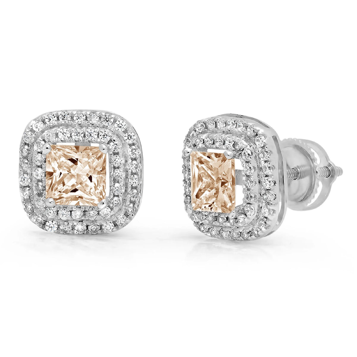 Champagne Simulated Diamond Princess Cut Halo Stud Earrings Screw Back K9999